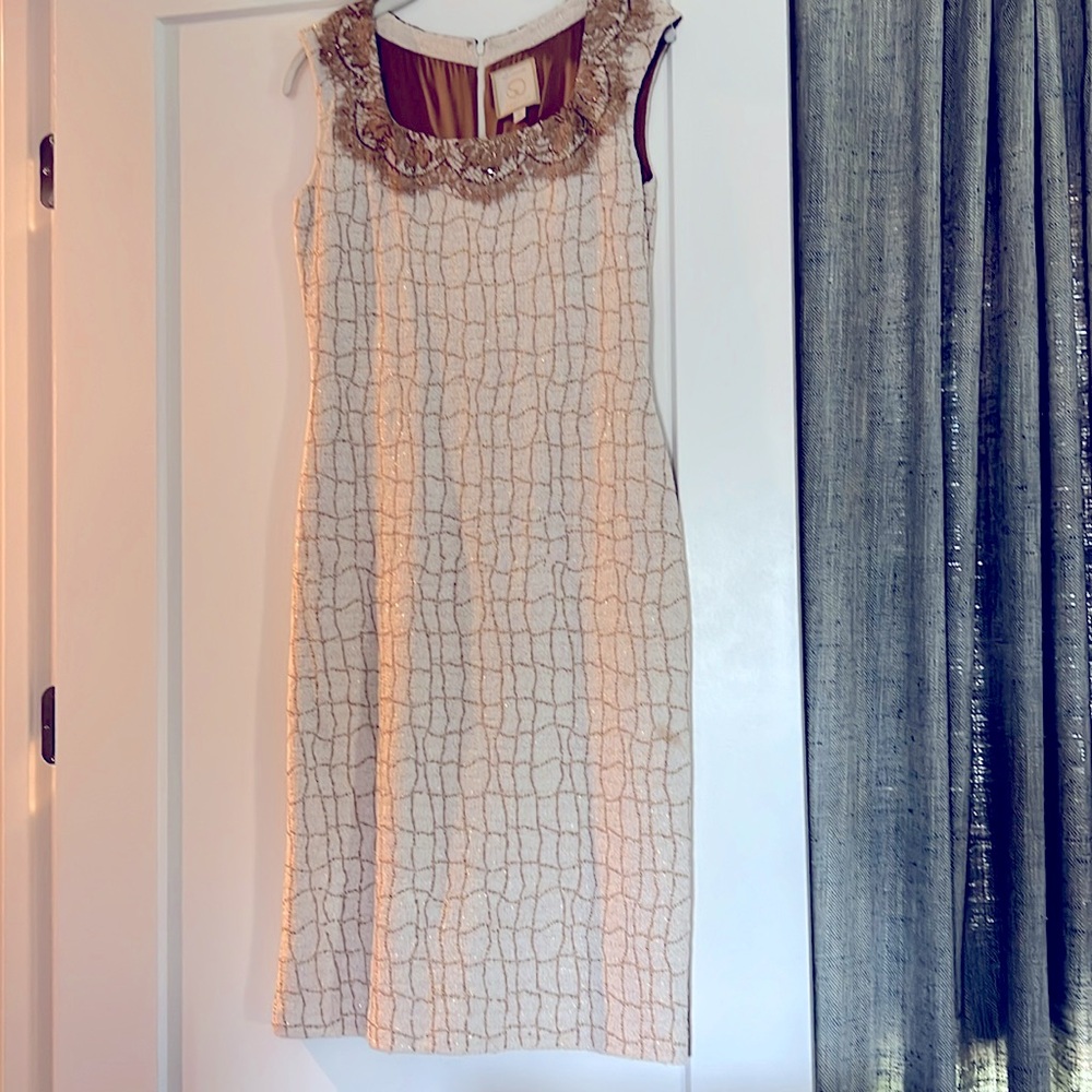 St. John couture beige dress with gold beading